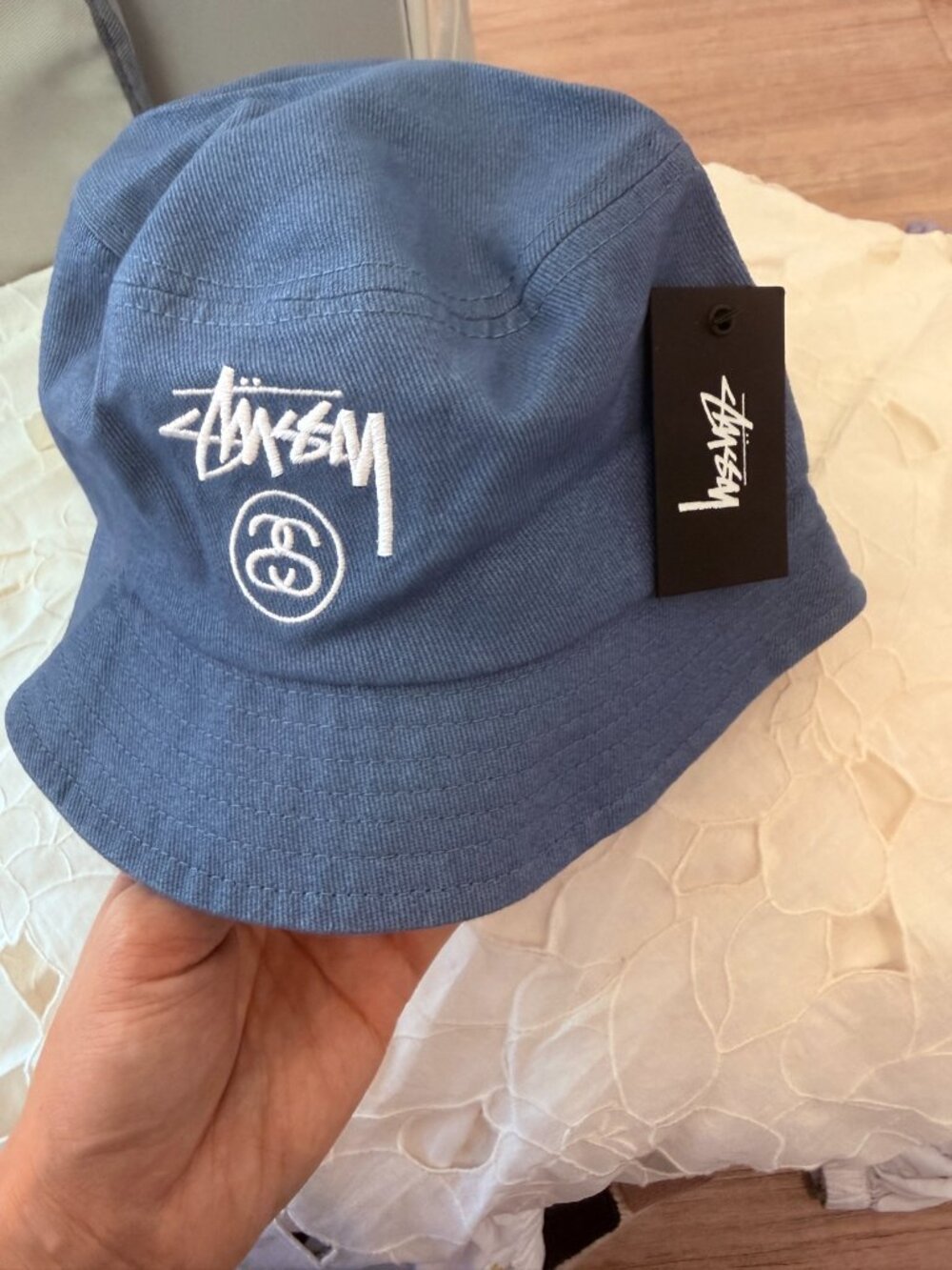 Stussy Blue Bucket Hat White Stock Script + SS Link Embroidery L/XL NWT